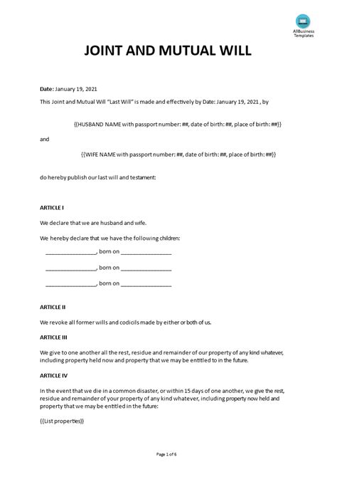 Joint and Mutual Will Sample Form Free Download