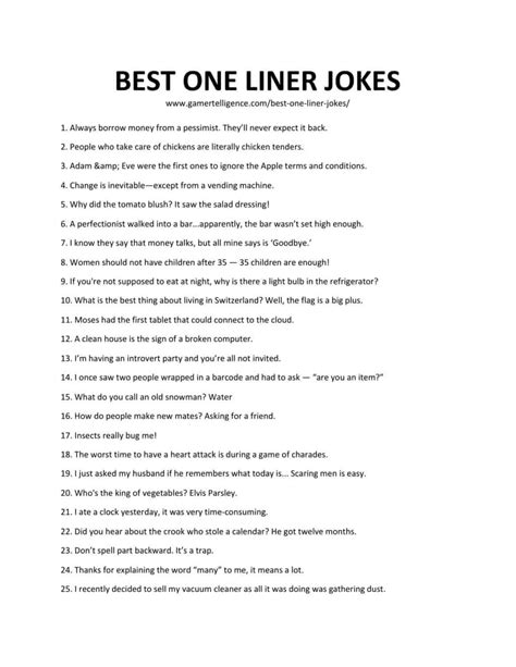 65 lists jokes and hilarious lists puns to laugh out loud. Read jokes about lists that are clean and suitable for kids and friends. Discover hundreds of funny jokes in our extensive database and directory of humorous names. Browse through our lists of jokes to find the perfect joke for any occasion..