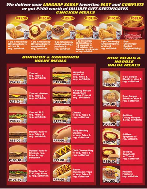 Starts at ₱ 50.00. Welcome to Jollibee Delivery - Philippines! Order online and have your Jollibee favorites delivered today! Check out the Jollibee Menu, our store locations, and exciting offers!. 