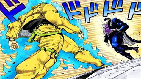 DIO: (The camera cuts back to him) Oh ho! Then come closer as close you like. Oh sorry. Let me do the same but uncensored. Jotaro: (The camera cuts to him walking toward to DIO) I can't beat the shit out of you without getting closer. Thanks, now I can annoy my friends. Thanks, now I can annoy my friends.. 