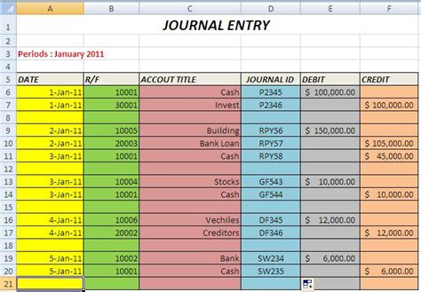 Journal Entries Excel Template