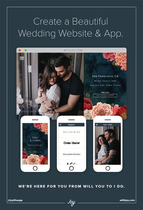 Joy wedding site. Nov 27, 2017 · Joy offers online invitations that perfectly-match your wedding website—and you can send them for free! To send an invitation e-card, navigate to your dashbo... 