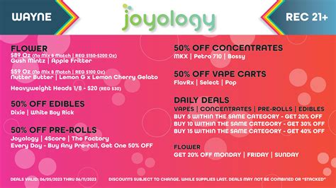 Joyology wayne menu. Shop our Wayne, Michigan provisioning center and discover an exciting array of opportunities. For your medical or recreational marijuana needs, trust in Joyology! Browse our rewarding menu of flower, pre-rolls, tinctures, topicals, concentrates, CBD, vaporizers, vape carts, accessories, and delicious edibles in-person or online. 