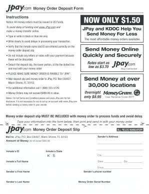 processed within ten (10) business days following receipt by JPay. A JPay account is not needed to send money orders. Please call 800-574-5729 if you need more information or assistance completing this form. JPay is not responsible for money orders lost in the mail or otherwise lost in transit, or for money. 