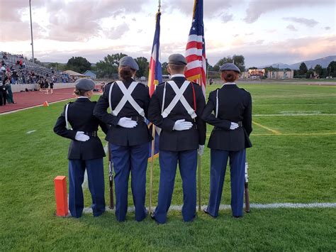 Color Guard consists of individual four to five person teams that practice in accordance to the Air Force Honor Guard standards. A single team has two rifle guards along with two to three flag positions: the American, California, and Air Force Flags. Cadets will have the opportunity to earn a Color Guard Ribbon and a Drill Team Cord. – / 3.. 