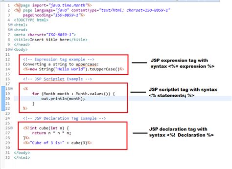 Jsp example code. 0 and JSP 1.  Use a programming text editor to enter the following HTML...