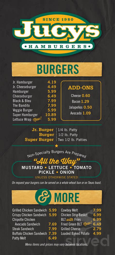 Jucys - Prices on this menu are set directly by the Merchant. Prices may differ between Delivery and Pickup. Get delivery or takeout from Jucys Hamburgers at 317 US Highway 271 South in Gilmer. Order online and track your order live. No delivery fee on your first order! 