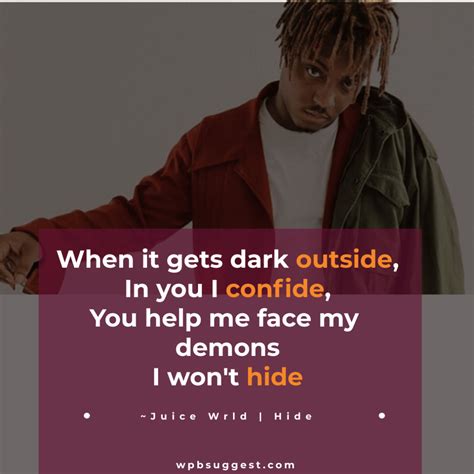 Juice Wrld Quotes on Love. Quote 23: “I stay to myself a lot.”. – Juice Wrld often prefers solitude and being alone. Inspiration: Sometimes it’s essential to spend time with yourself to reflect, find peace, and discover your inner strengths. Quote 24: “I miss my mom, I miss my friends, I miss my house, I miss my pet.”.
