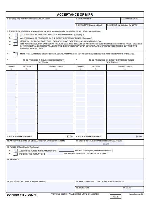 DD FORM 448-2, JUL 71. PREVIOUS EDITION WILL BE USED UNTIL EXHAUSTED. ACCEPTANCE OF MIPR. 1. TO (Requiring Activity Address) (Include ZIP Code) 2. MIPR NUMBER. 3. AMENDMENT NO. 4. DATE (MIPR Signature Date) 5. AMOUNT (As Listed on the MIPR) 6. The MIPR identified above is accepted and the items requested will be provided as follows: (Check as ... 