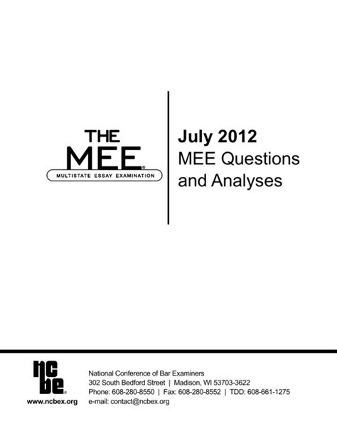 July 2012 mee. Perfect Your Essay-Writing Skills with the July 2023 MEE. NCBE's July 2023 Multistate Essay Examination (MEE) package is a pivotal digital resource for your bar exam preparation.This authentic study aid includes the six MEE questions that were part of the July 2023 bar exam, providing a unique opportunity to practice with real questions and hone your essay-writing skills under exam-like ... 
