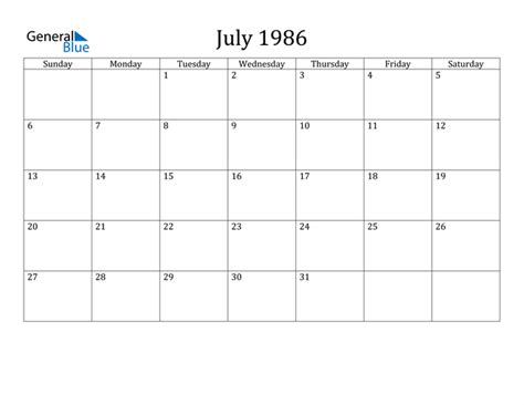 July Calendar 1986