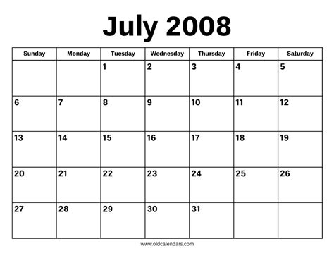 July Calendar For 2008