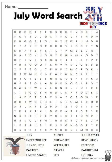 July Word Search Printable