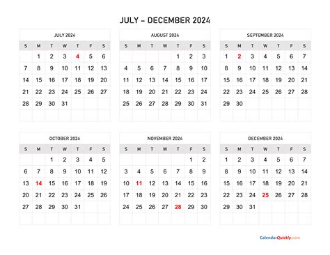 July to December 2024 Calendar with Notes Calendar Quickly