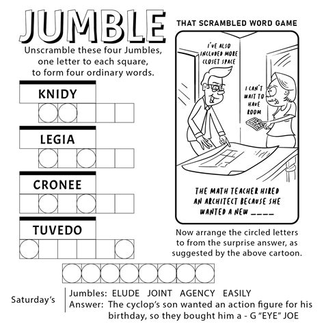 Jumble 12 30 23. Here are the Jumble Words and Solutions for 12/21/2023! You can click on the word that you want the solution for. Jumble Words. LUYFL. MTOPS. DOWONE. SDNART. Scrambled Answer Letters FLYSOMOOEAND Answer (without spaces) LOADSOFMONEY Most Recent Daily Jumble Puzzles. 