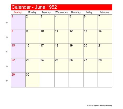 June 1952 Calendar