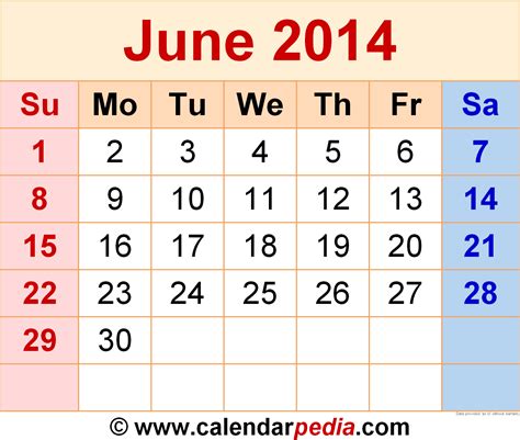 June 2014 Calendar Templates for Word, Excel and PDF