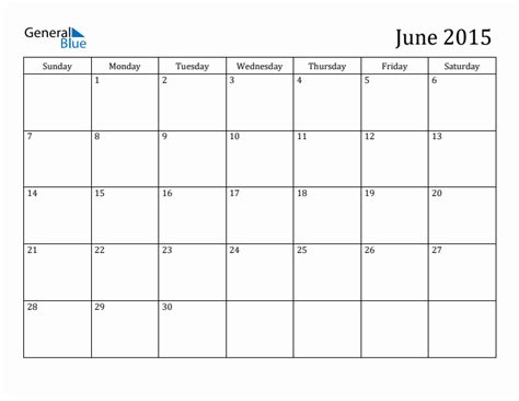 June 2015 Printable Monthly Calendar with Notes