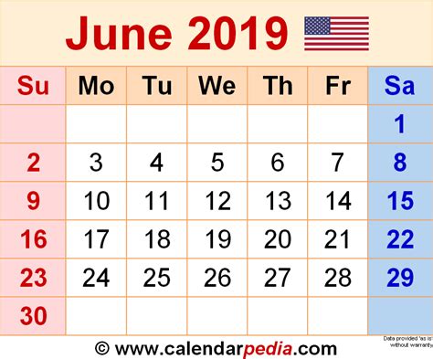 June 2019 Calendar Printable Template in PDF Word Excel