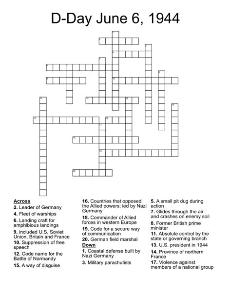 Answers for june 6,1944 crossword clue, 4 letters. Search for crossword clues found in the Daily Celebrity, NY Times, Daily Mirror, Telegraph and major publications. Find clues for june 6,1944 or most any crossword answer or clues for crossword answers.. 