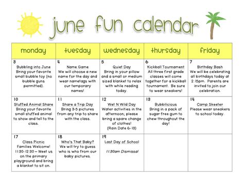 June Fun Calendar Fun and Fearless in First