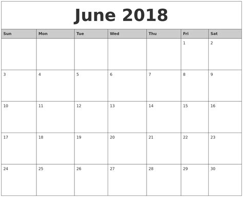 June Month Calendar Printable