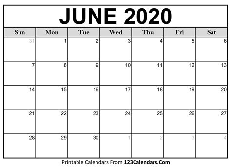 June Monthly Calendar