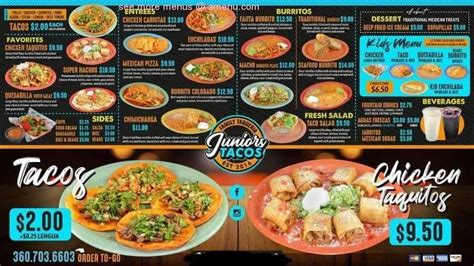 Juniors tacos. Junior's Tacos is a Mexican restaurant located at 1424 Maple St, Longview, WA 98632. Junior's Tacos is a casual, cozy, and hip place to eat. It has a children's menu, booster seats, and high chairs. Service options : Takeout, Dine-in, Delivery: false. Popular for : Lunch, Dinner, Solo dining. Accessibility : 