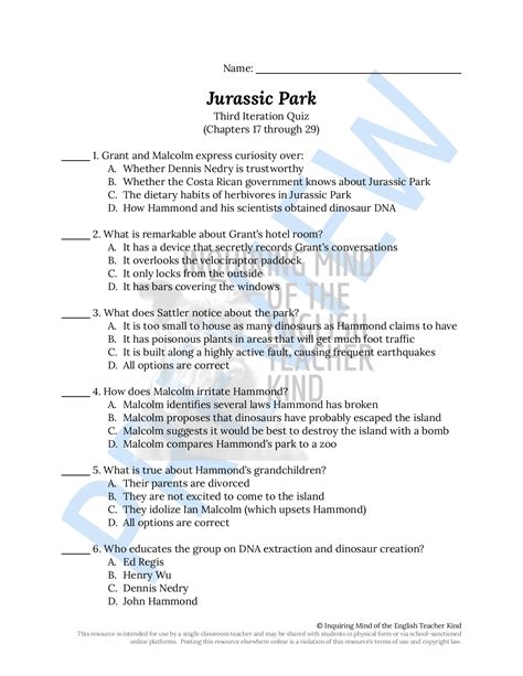 Jurassic Park Worksheet Answer Key