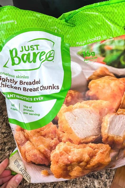 One serving of the Just Bare Spicy Chicken Strips will be 2 pieces and contain 150 calories. There are 6 grams of fat, 10 grams of carbs, and 16 grams of protein. The complete nutritional label is below. This is a solid nutritional label for a frozen chicken strip.. 