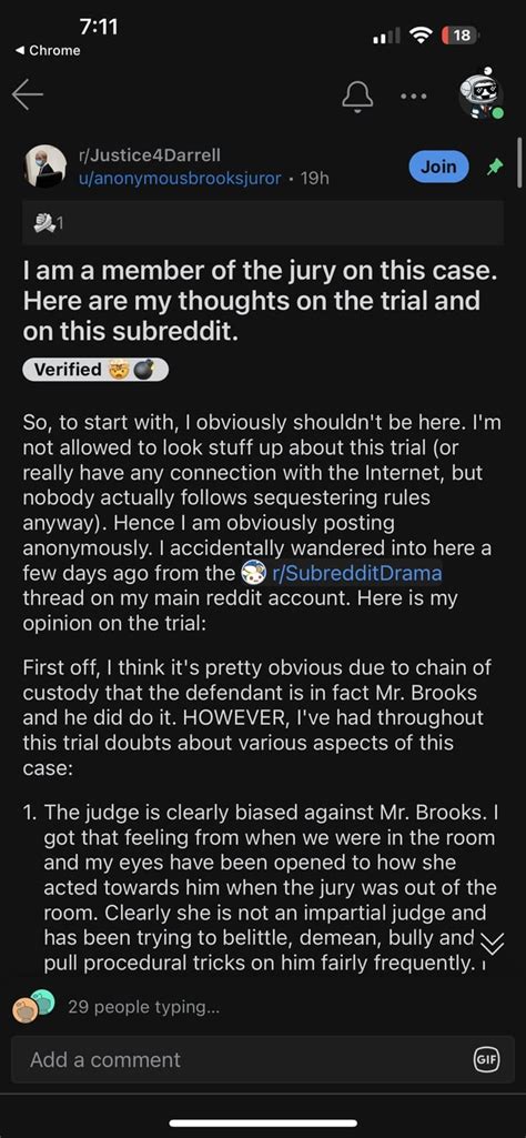 Oct 25, 2022 BREAKING: Darrell Brooks judge orders investigation into Reddit group 'Justice4Darrell' claiming to be working with a juror to nullify trial The post reads that the person claiming to be a juror is aware that they should not be on Reddit before giving their opinion of the trial.. 