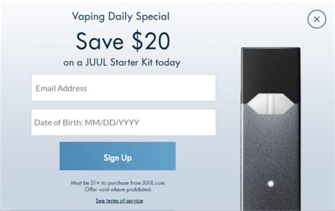 30% off JUUL coupon codes May 2024. Enjoy 50% OFF by using our up-to-date JUUL coupon codes and deals. 51 verified JUUL Promotion code & discount codes are for you to make use of. Shop and save now! Last Updated: May 1, 2024. Verified.. 