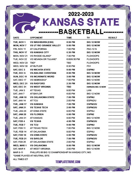 Big 12 Tournament - First Round. The 2022 Men's Basketball Schedule for the Kansas State Wildcats with today’s scores plus records, conference records, post season records, strength of schedule, streaks and statistics. . 