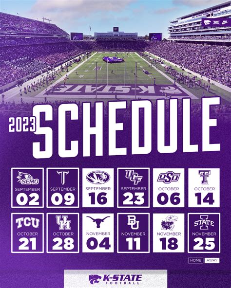 Dec 1, 2021 · MANHATTAN, Kan. – K-State Athletics and the Big 12 Conference announced today the Wildcats' 2022 schedule, which features an exciting seven-game home schedule. K-State begins its 2022 campaign with three-straight home games against non-conference opponents, opening the year against South Dakota on September 3 before hosting former Big 12 foe Missouri on September 10. . 