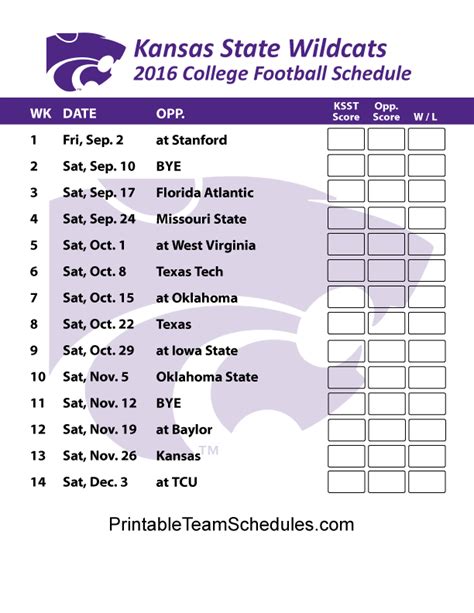 FUTURE Kansas State Football Schedules. View the 2026 Kansas State Football Schedule at FBSchedules.com. The K-State Wildcats football schedule includes opponents, date, time, and TV.. 