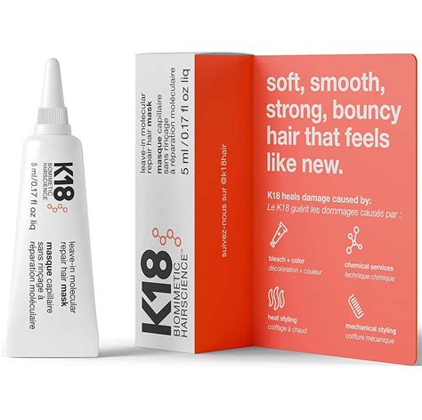 K18 leave in. K18 leave-in molecular repair hair mask. £30.00. Size. 15ml. 50ml. − +. Add to Cart. Description. This patented bioactive peptide treatment strengthens and improves elasticity while reversing damage from chemical services, thermal styling, and mechanical styling. 