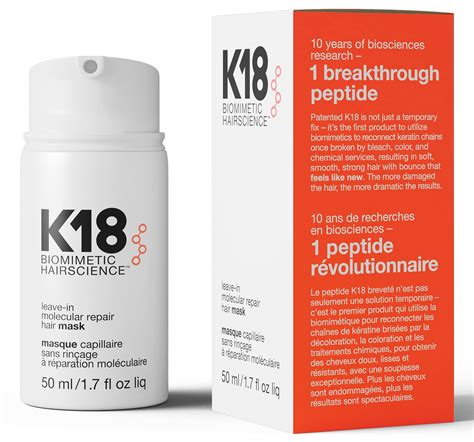 K18 leave-in molecular repair hair mask. K18. Leave-in Molecular Repair Hair Mask. 4.4. 3900 Reviews. $260.00. Size: 15ml. 15ml. 50ml. View All Sizes. Qty: Add To Bag. Description. Hair Type: Coloured, Curls/Permed. … 