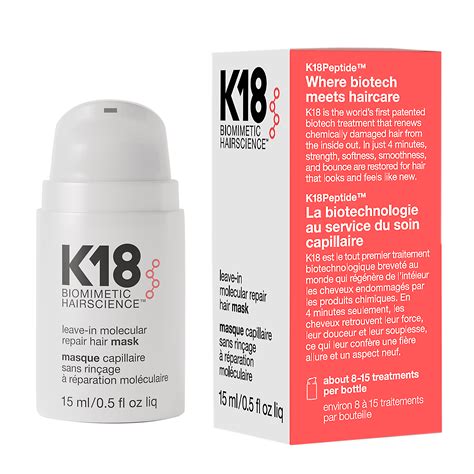 K18 mask. K18 Leave-In Molecular Repair Hair Mask is a patented peptide hair mask to reverse damage from hair treatments. In just four minutes, this professional, salon-grade hair treatment from K18 Biomimetic Hairscience heals damage from bleach, color treatments, styling heat and chemical services. Formulated with a first of it's kind, patented ... 