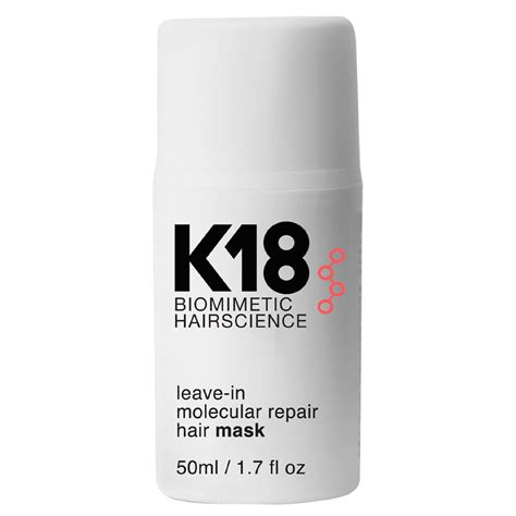 K18 molecular repair hair mask. Express Delivery. 1-2 business days. $14.95. Product description. This patented bioactive peptide treatment strengthens and improves elasticity while reversing damage from chemical services, thermal styling, and mechanical styling. For all hair types. Hair is like new. This leave-in mask heals and strengthens hair with lightweight moisturizing ... 