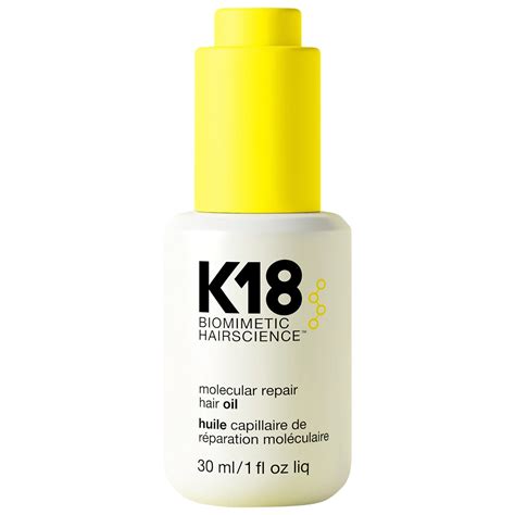 K18 oil. **after K18 routine + oil – K18 detox shampoo, molecular repair mask, oil on damp hair, blow dry, oil on dry hair. clinically proven damage repair* 24 hour frizz control* 104% more shine* 78% reduction in frizz* heat protection up to 232°C* 