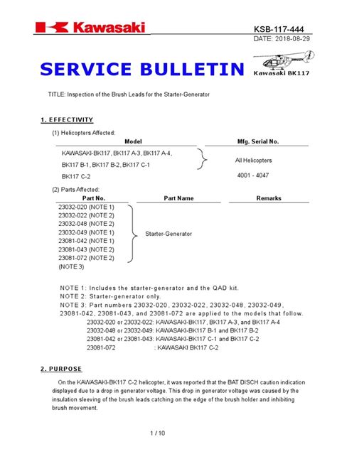 KAWASAKI SERVICE BULLETIN INDEX BK117 18.February