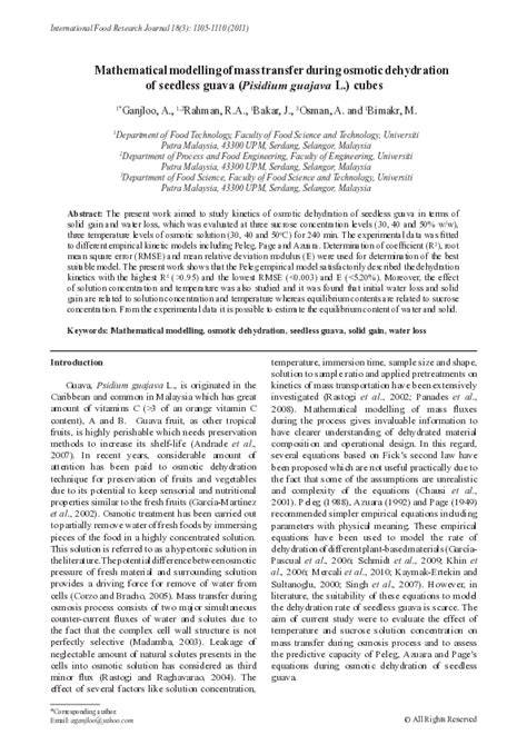 Kinetics Modeling of Mass Transfer Using Peleg’s Equation During ... - raincitystudios.com