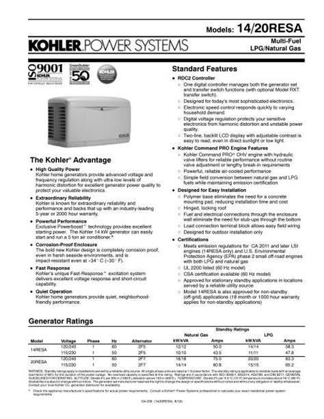 KOHLER Generator Spec Sheets TAW Power Systems
