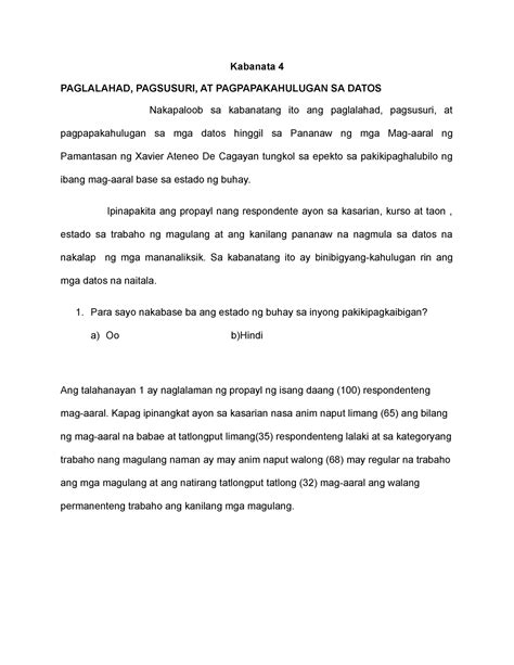 Kabanata 4: Paglalahad, Pagsusuri, at Pagpapakahulugan sa mga …