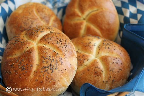 Kaiser bread roll. Cover the rolls, and allow them to rise for 45 minutes to 1 hour, or until they've almost doubled in volume. Turn the rolls cut-side up. Dip tops in milk and coat with poppy or sesame seeds, if desired. Bake the rolls in a preheated 425°F oven for 15 to 17 minutes, or until they're golden brown. Remove them from the oven, and cool on a wire ... 