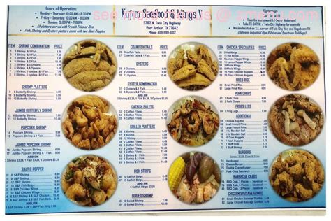 Kajun seafood and wings menu. View the menu for Kajun Seafood & Wings and restaurants in Beaumont, TX. See restaurant menus, reviews, ratings, phone number, address, hours, photos and maps. 