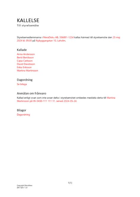 Kallelse till styrelsemöte tid