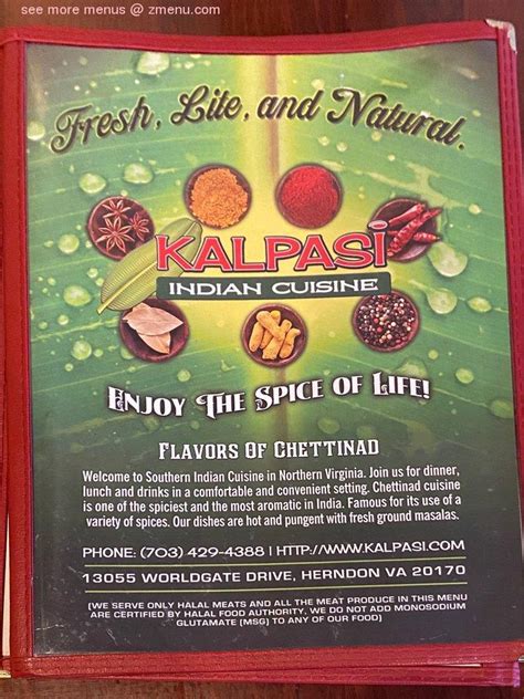 View the latest Kalpasi Indian Cuisine prices for the business located at 13047 Worldgate Drive, Herndon, VA, 20170. PriceListo. search Open search input.. 