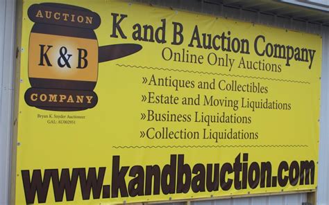 Kand b auction. Buyer's Premium: 15%. Location: 97 Golden Hills Dr., Mountain City, GA 30562. Bidding starts to close out at 6pm on Tuesday, March 12th Pick up is by appointment only Thursday - Saturday following the auction. Bryan K. Snyder Auctioneer: GAL: AU002951, NCAL: 10649, IN AU-12300048, K and B Auction NCFL: 10690, FFL 15822513. 