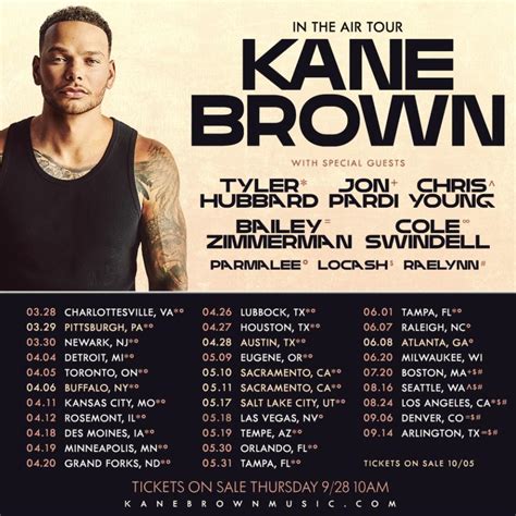 Kane brown tour setlist 2023. Take from his set at Stagecoach Festival, Indio Valley, California - Saturday, April 29, 2023: Lose It Grand Like I Love Country Music Famous Friends Memory Be Like That Used to Love You Sober Homesick Heaven Bury Me in Georgia One Thing Right Go Around (his fiddler is standout) Solo acoustic guitar version of Simple Man (cover of Lynyrd Skynyrd) 